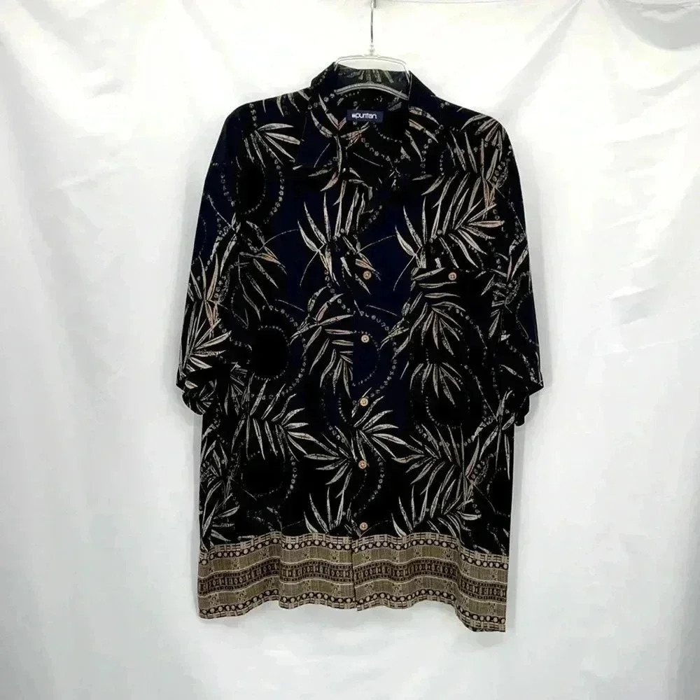 Puritan Men’s Tropical Shirt XL Black Tan Palm Leaves Short Sleeve Button Down